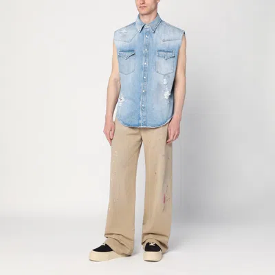 Mm6 Maison Margiela Mm6 By Maison Margiela Short-sleeved Denim-effect Shirt With Flap Pockets In Blue