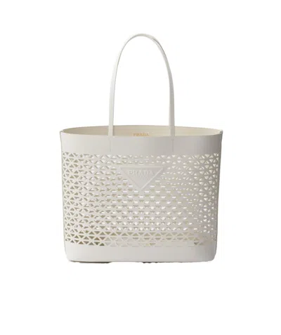 Prada Large Perforated Leather Tote Bag In White