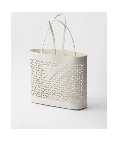 Prada Large Perforated Leather Tote Bag In White