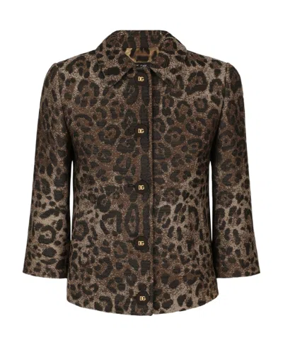 Dolce & Gabbana Leopard Print Patterned Jacquard Jacket In Black