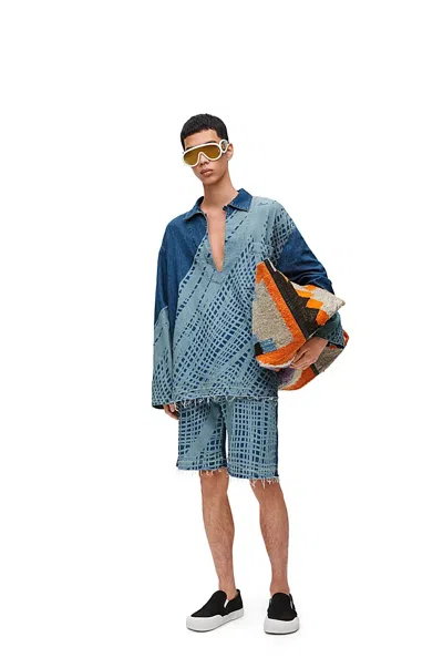 Loewe Printed Half-zip Denim Coat In Blue