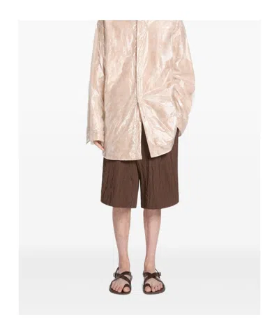 Dries Van Noten Knee Length Crinkled Texture Shorts In Brown