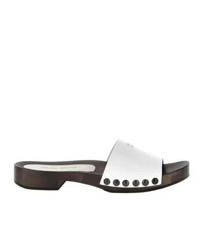 Miu Miu Wood Sole Flat Sandals With Studded Side In White