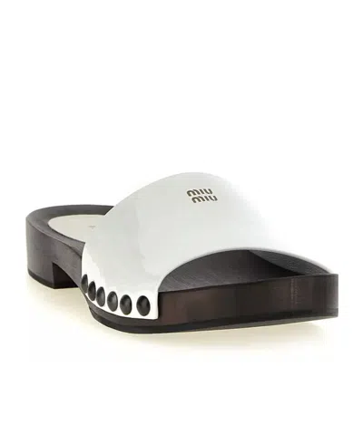 Miu Miu Wood Sole Flat Sandals With Studded Side In White