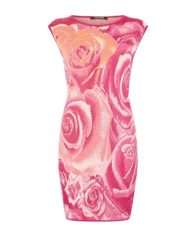 Roberto Cavalli Mini Dress With Garden Rose Print In Rosa