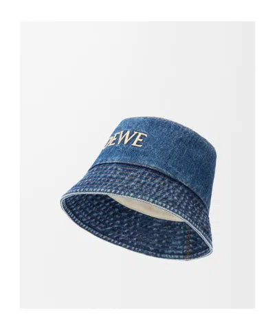 Loewe Denim Bucket Hat With Logo Embroidery In Blue