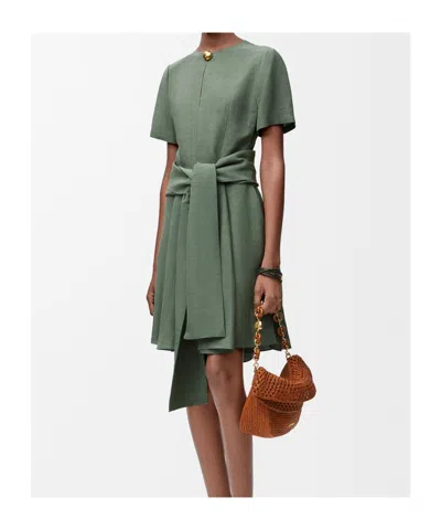 Loewe Linen-blend Midi Dress With Front Knot In Green