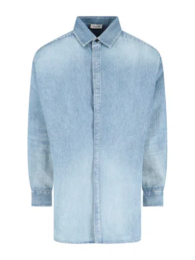 Fear Of God Light Blue Shirt With Faded Denim Effect In Animal Print