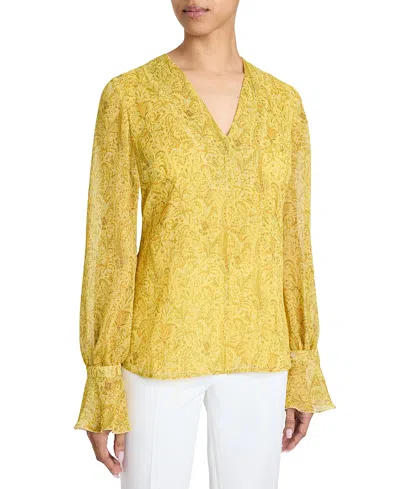Santorelli Rue Long Sleeve Blouse With Ruffled Cuffs In Paisley Printed Crinkle Georgette In Chamomile Multi
