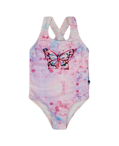 Deux Par Deux Girl's Printed One-piece Swimsuit Pink Butterflies With Bubble Effects In Pink Butterflies Bubble Effects
