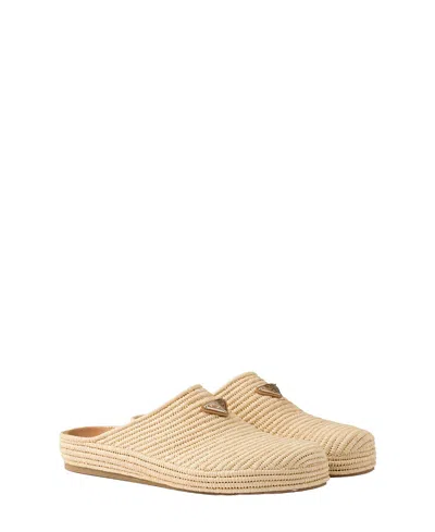 Prada Crocheted Raffia Mule In Neutral