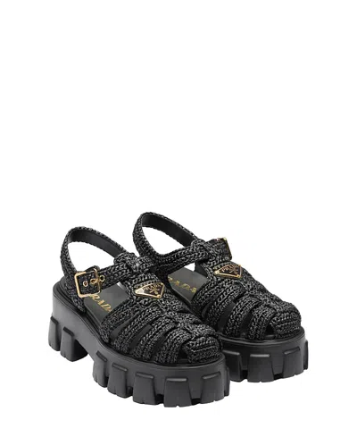 Prada Womens Black Monolith Logo-plaque Chunky-sole Caged Crochet Sandals In Black