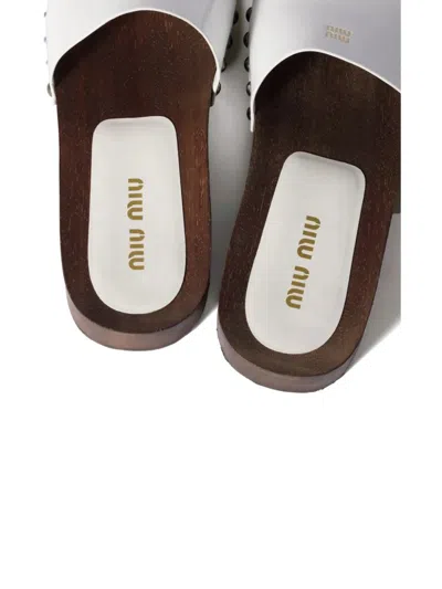 Miu Miu Wood Sole Flat Sandals With Studded Side In White