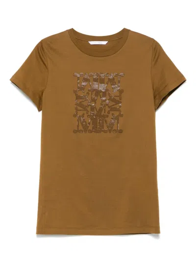 Max Mara Taverna Cotton T Shirt With Frontal Embroidery In Brown