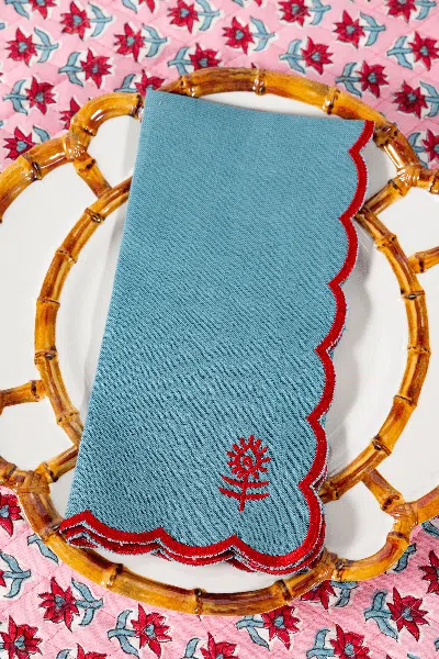 Furbish Studio Icon Linen Napkins Set Of 4 - Aqua + Cherry