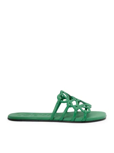 Loewe Petal Anagram Leather Flat Sandals In Green