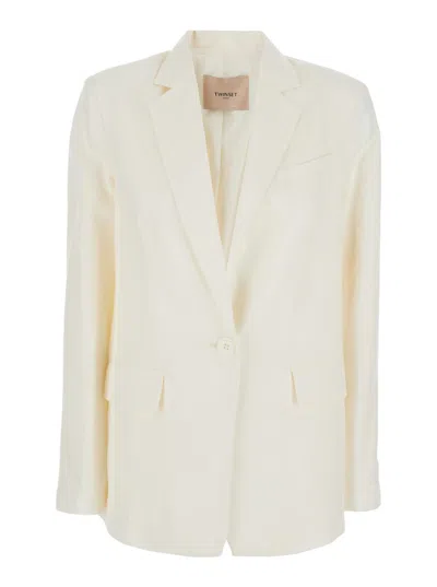 Twinset White Single-breasted Jacket With Notched Revers And Dropped Shoulders In Linen Blend Woman In White