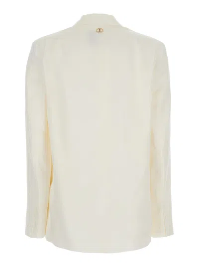 Twinset White Single-breasted Jacket With Notched Revers And Dropped Shoulders In Linen Blend Woman In White