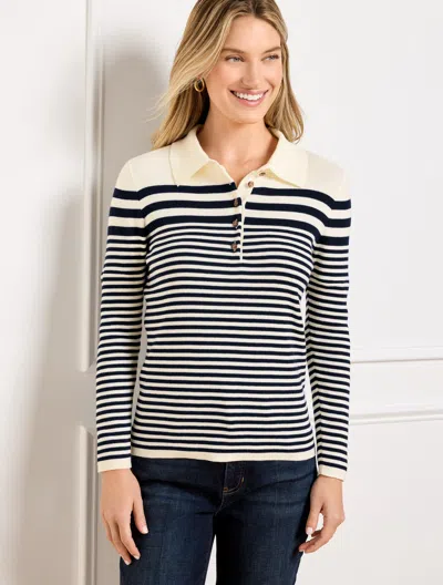 Talbots Plus Petite - Smooth Cotton Polo - Stripe - Ivory/indigo - 1x  In Ivory,indigo