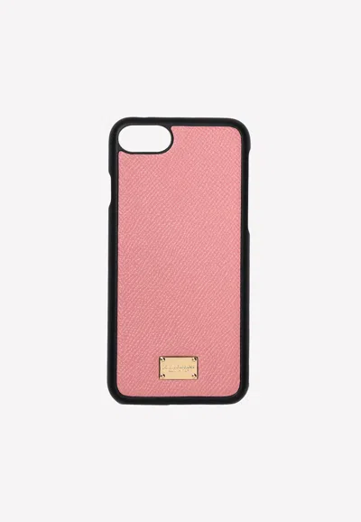 Dolce & Gabbana Iphone 7 Logo Plate Cover In Grained Leather In Pink