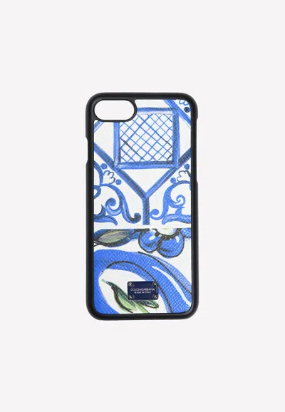 Dolce & Gabbana Iphone 7 Maiolica Print Cover In Grained Leather In Blue