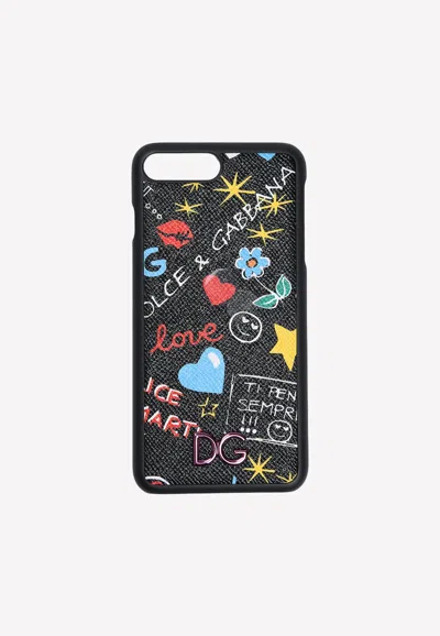 Dolce & Gabbana Iphone 8 Plus Graffiti Print Cover In Dauphine Leather In Black