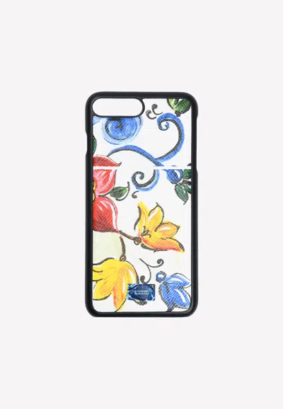 Dolce & Gabbana Iphone 7 Plus Maiolica Print Cover In Grained Leather In Multicolor