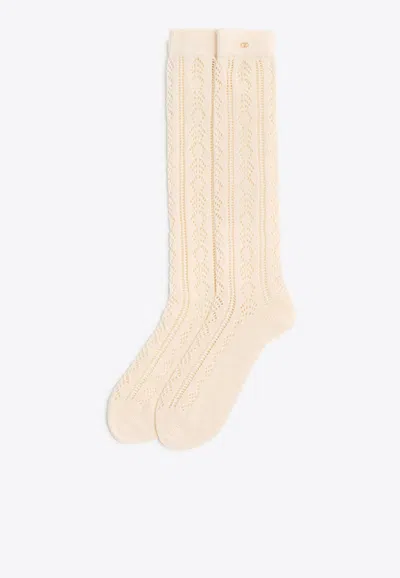 Valentino Ivory White Knitted Cotton Socks With Vlogo Signature In White
