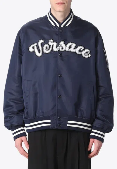 Versace Logo Embroidered Buttoned Jacket In Blue