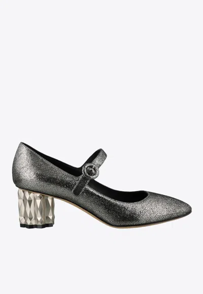 Ferragamo Ortensia 55 Metallic Leather Mary-jane Pumps In Silver