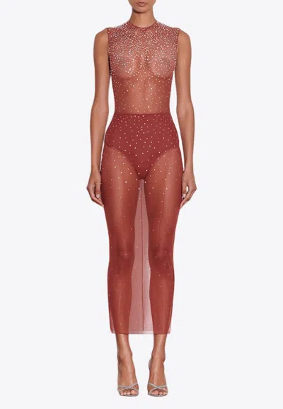 Alex Perry Crew Column Crystal Mesh Sheer Midi Dress In Bronze