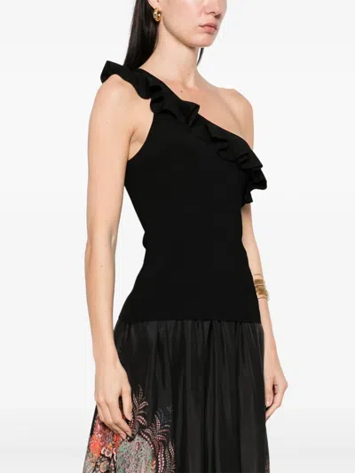 Zimmermann One-shoulder Ruffle Top With Ribbed Texture In Black