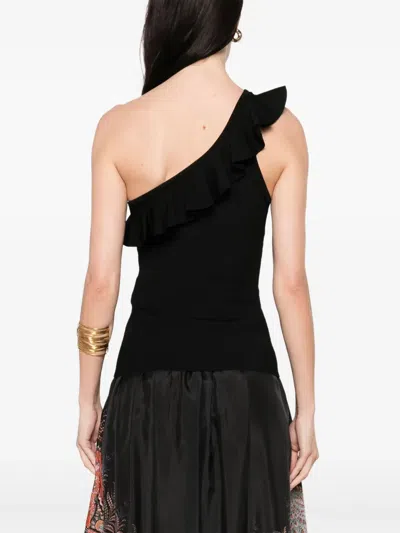 Zimmermann One-shoulder Ruffle Top With Ribbed Texture In Black