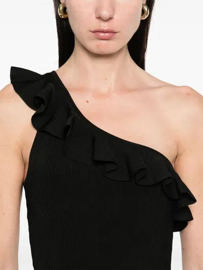 Zimmermann One-shoulder Ruffle Top With Ribbed Texture In Black