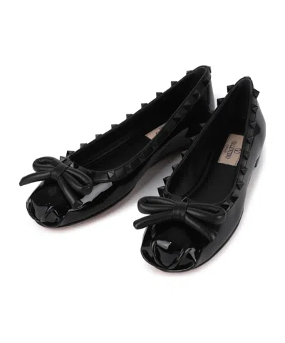 Valentino Garavani Rockstud Satin Bow Ballerina Flats In Black