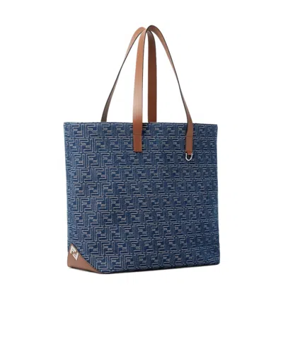 Fendi Men Blue Shopper With Long Handles And All Over Ff Motif In Cotton Man In Blue