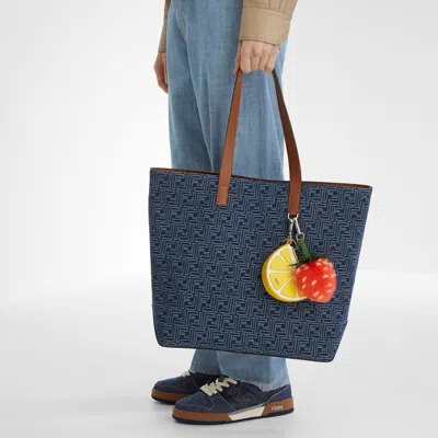 Fendi Men Blue Shopper With Long Handles And All Over Ff Motif In Cotton Man In Blue