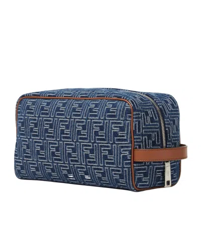 Fendi Medium Toiletry Case In Denim-effect Ff Jacquard In Blue