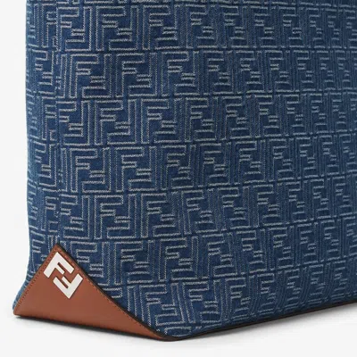 Fendi Men Blue Shopper With Long Handles And All Over Ff Motif In Cotton Man In Blue