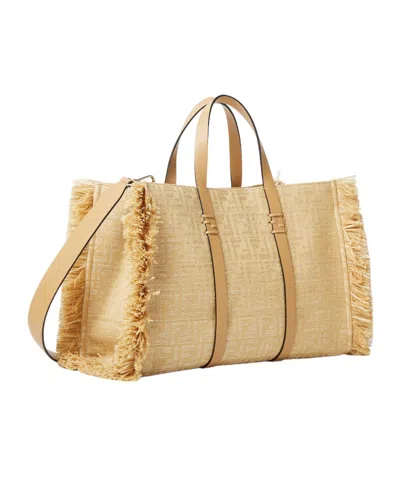 Fendi Summer Tote Bag In Jacquard Fabric With Ff In Raffia