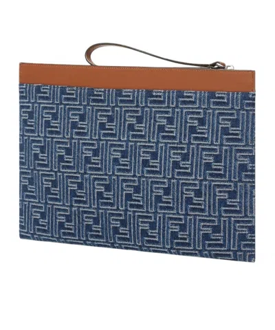 Fendi Textured Cotton Medium Flat Pouch With Zipper Closure