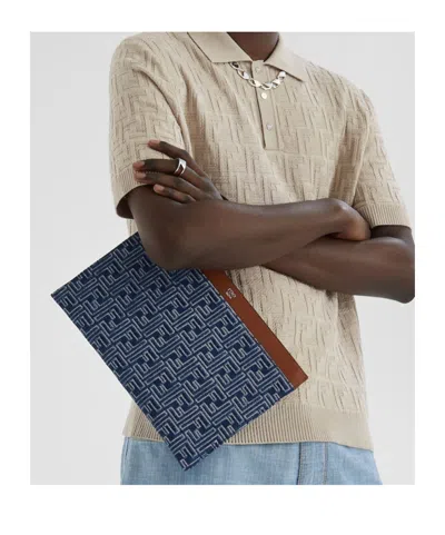 Fendi Textured Cotton Medium Flat Pouch With Zipper Closure