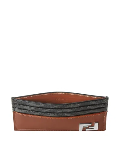 Fendi Leather And Ff Canvas Squared Card Holder In Brown