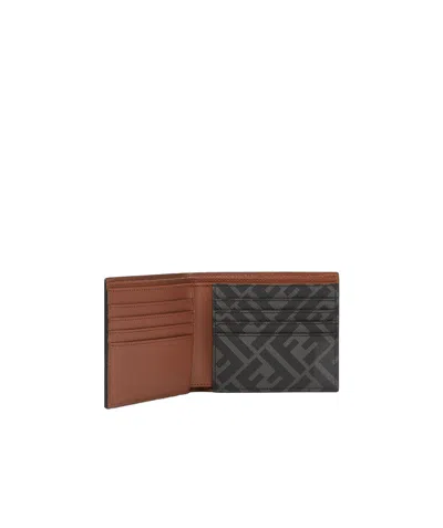 Fendi Brown Leather And Black Ff Canvas Compact Bi-fold Wallet In Brown