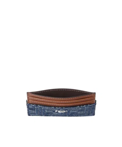 Fendi Blue Denim Effect Ff Jacquard Card Holder And Brown Leather Men In Blue