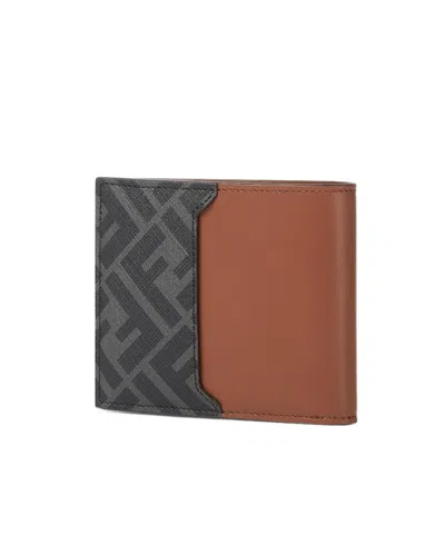 Fendi Brown Leather And Black Ff Canvas Compact Bi-fold Wallet In Brown