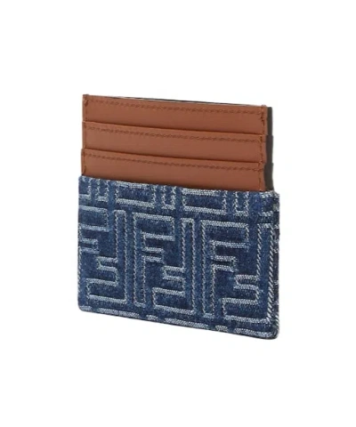 Fendi Blue Denim Effect Ff Jacquard Card Holder And Brown Leather Men In Blue
