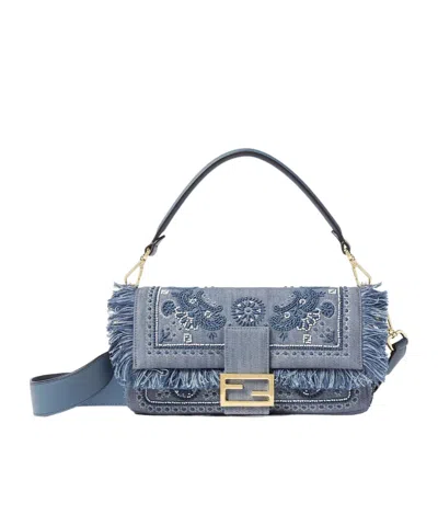 Fendi Denim Bag With Coral Bandana Embroidery