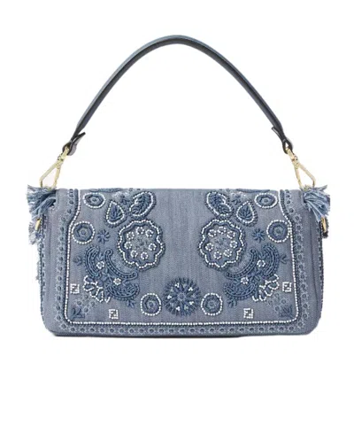 Fendi Denim Bag With Coral Bandana Embroidery
