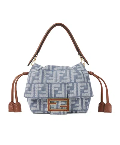 Fendi Minibag Mamma Baguette In Jacquard Ff Denim Effect Blue Women